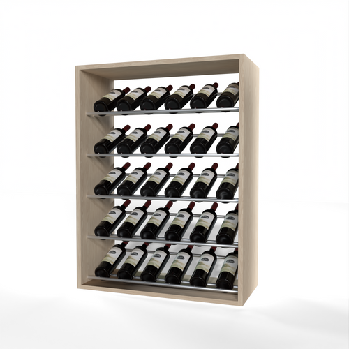 GrandCellar 6 Column Full-Depth Label-Forward Wine Base Display – 36" – Silver Metal Rods – White Oak / Unstained