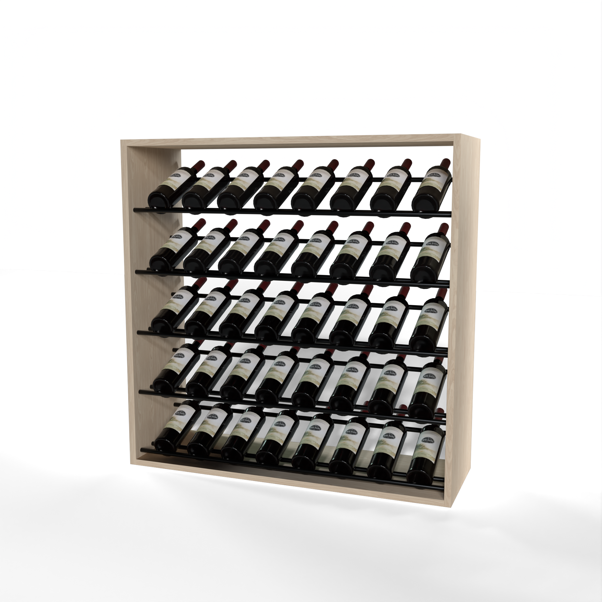 GrandCellar 8 Column Full-Depth Label-Forward Wine Base Display – 36" – Black Metal Rods – White Oak / Unstained