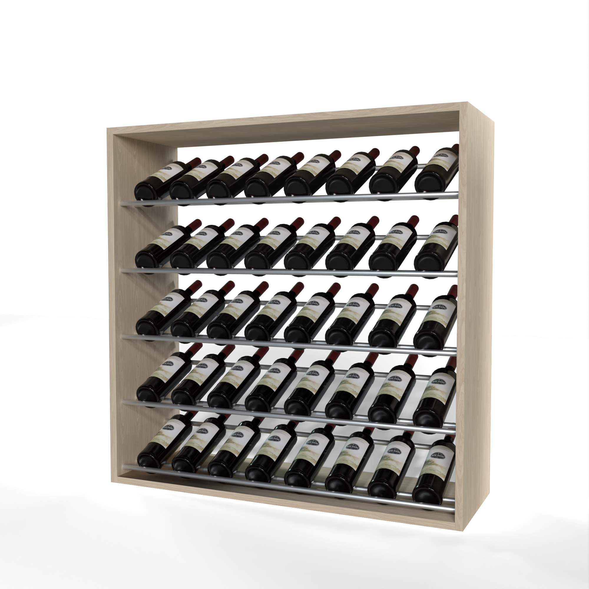 GrandCellar 8 Column Full-Depth Label-Forward Wine Base Display – 36" – Silver Metal Rods – White Oak / Unstained