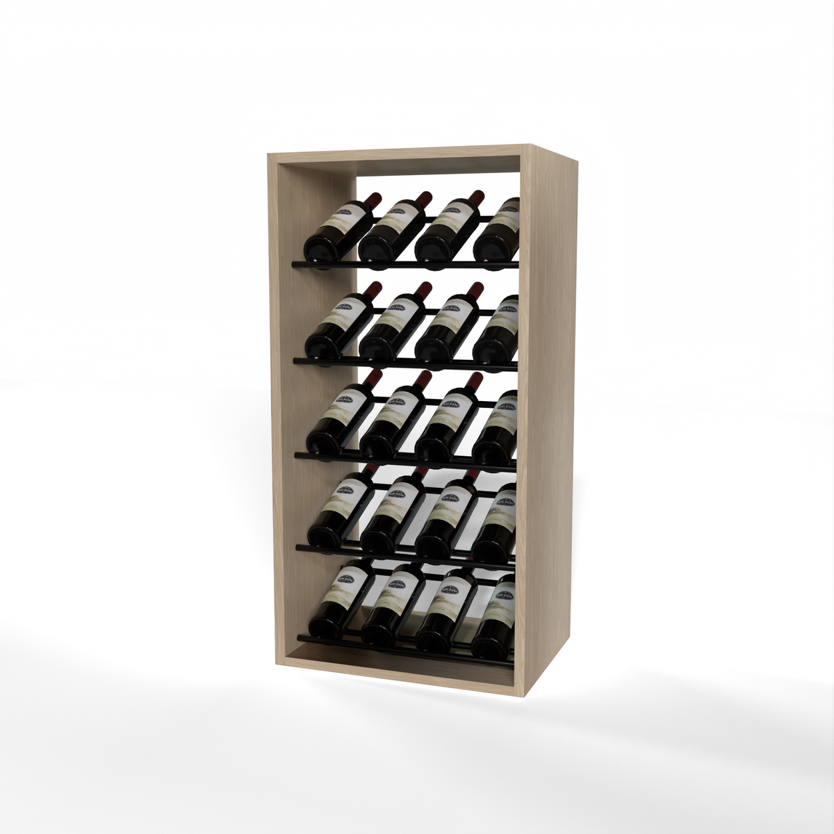 GrandCellar 4 Column Full-Depth Label-Forward Wine Base Display – 36" – Black Metal Rods – White Oak / Unstained