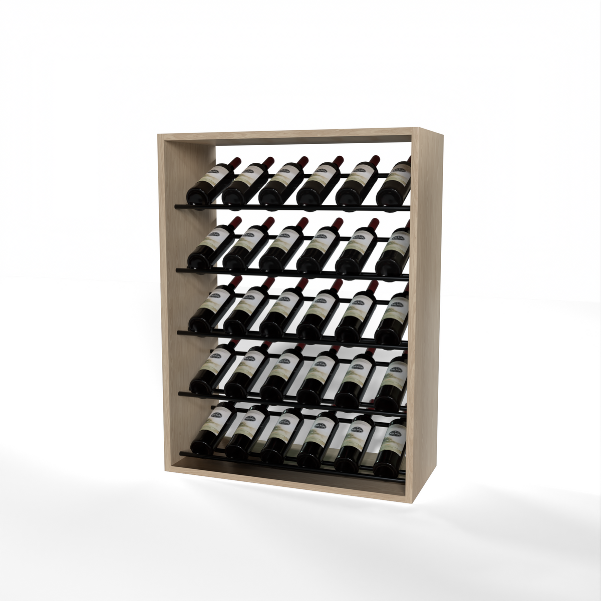 GrandCellar 6 Column Full-Depth Label-Forward Wine Base Display – 36" – Black Metal Rods – White Oak / Unstained