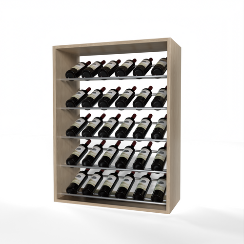 GrandCellar 6 Column Full-Depth Label-Forward Wine Base Display – 36" – Silver Metal Rods – White Oak / Unstained