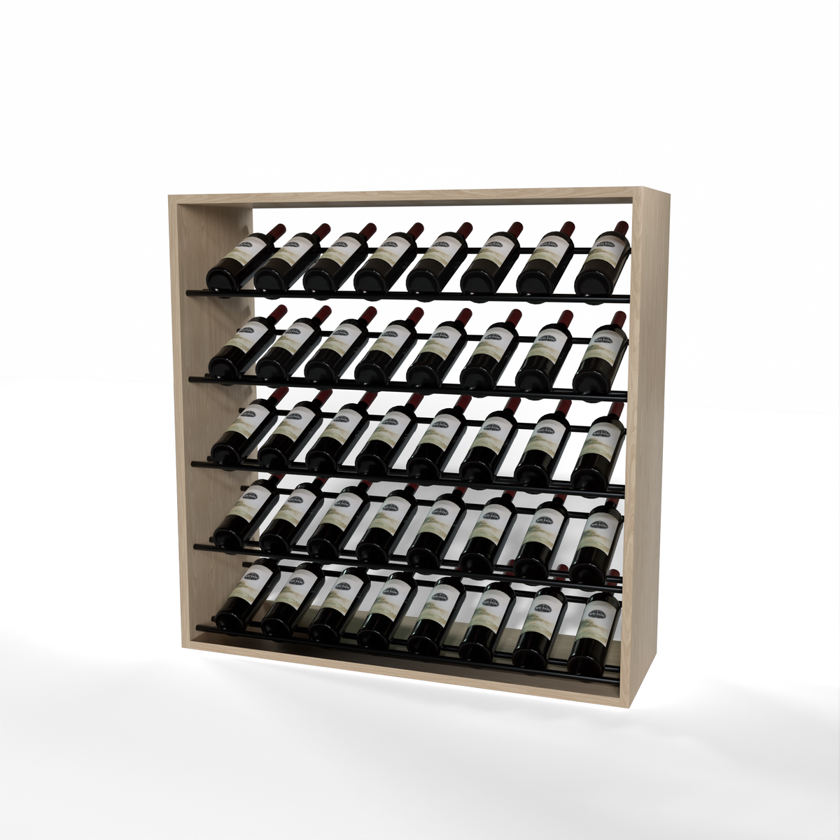 GrandCellar 8 Column Full-Depth Label-Forward Wine Base Display – 36" – Black Metal Rods – White Oak / Unstained