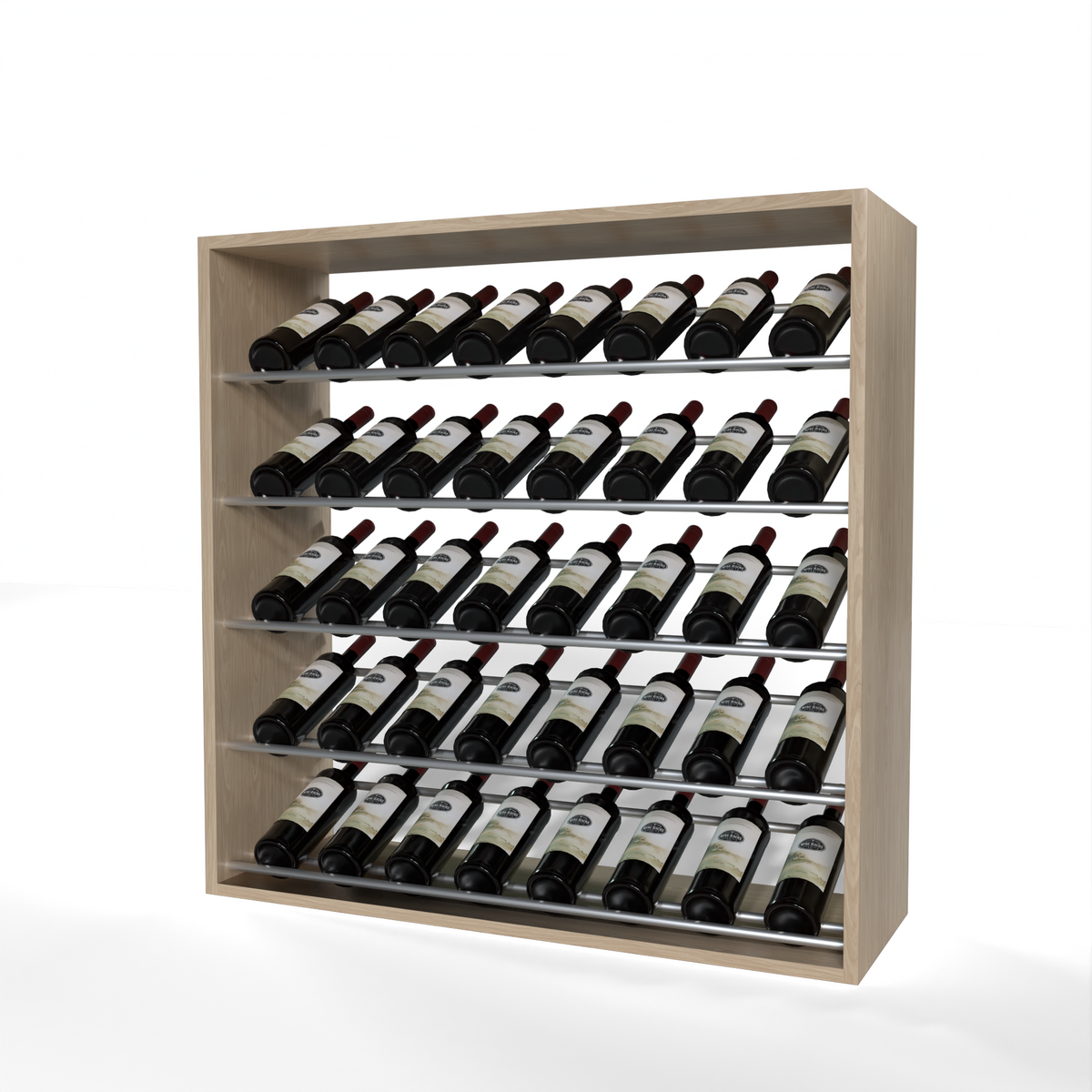 GrandCellar 8 Column Full-Depth Label-Forward Wine Base Display – 36" – Silver Metal Rods – White Oak / Unstained