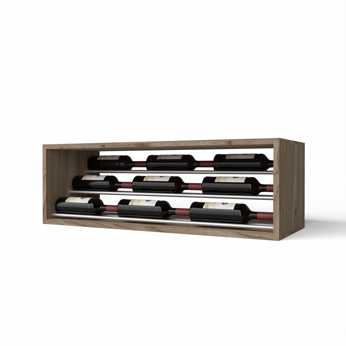 GrandCellar™ 8 Column Waterfall Label-Forward Wine Display – 12" Silver Metal Rods – Walnut / Unstained