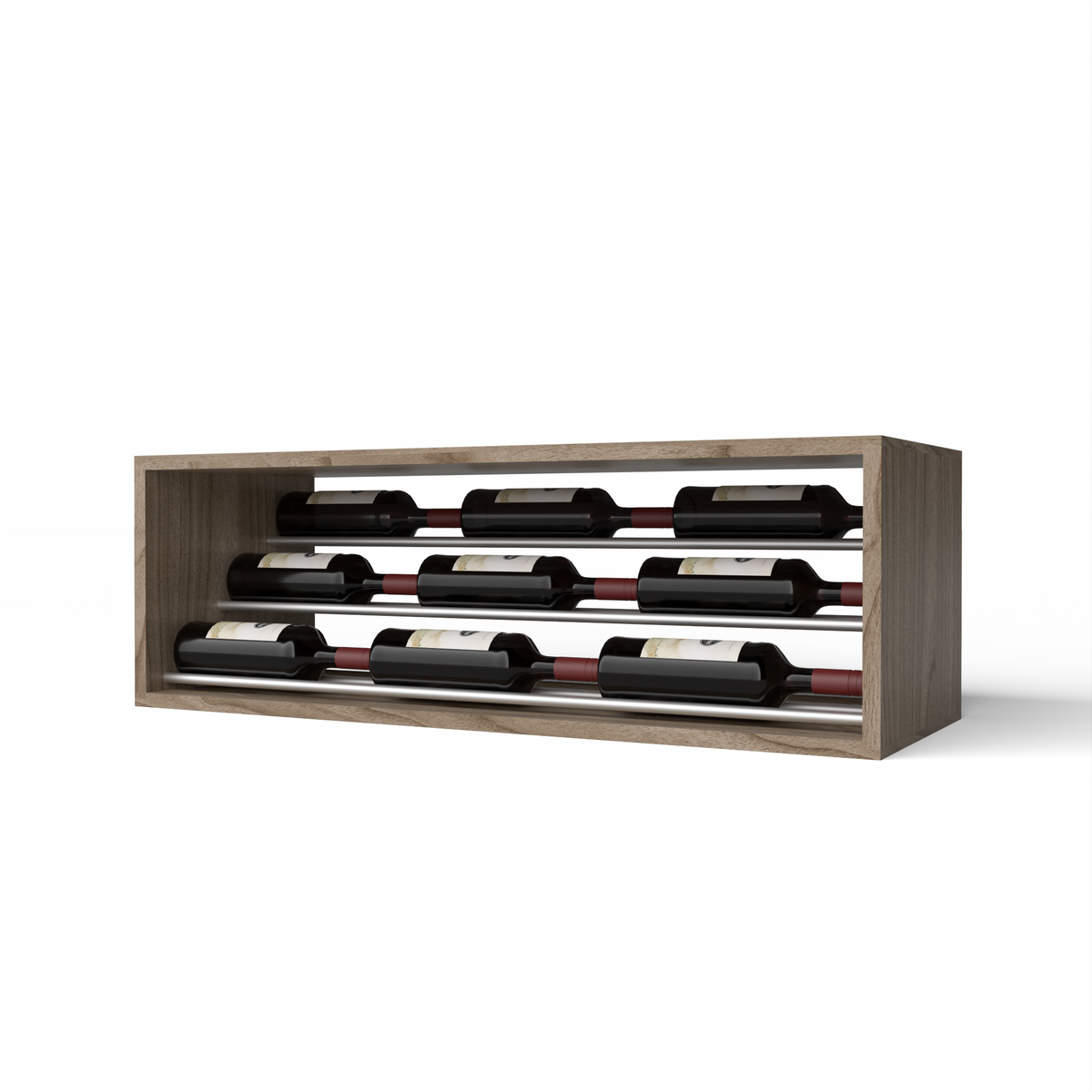 GrandCellar™ 8 Column Waterfall Label-Forward Wine Display – 12" Silver Metal Rods – Walnut / Unstained
