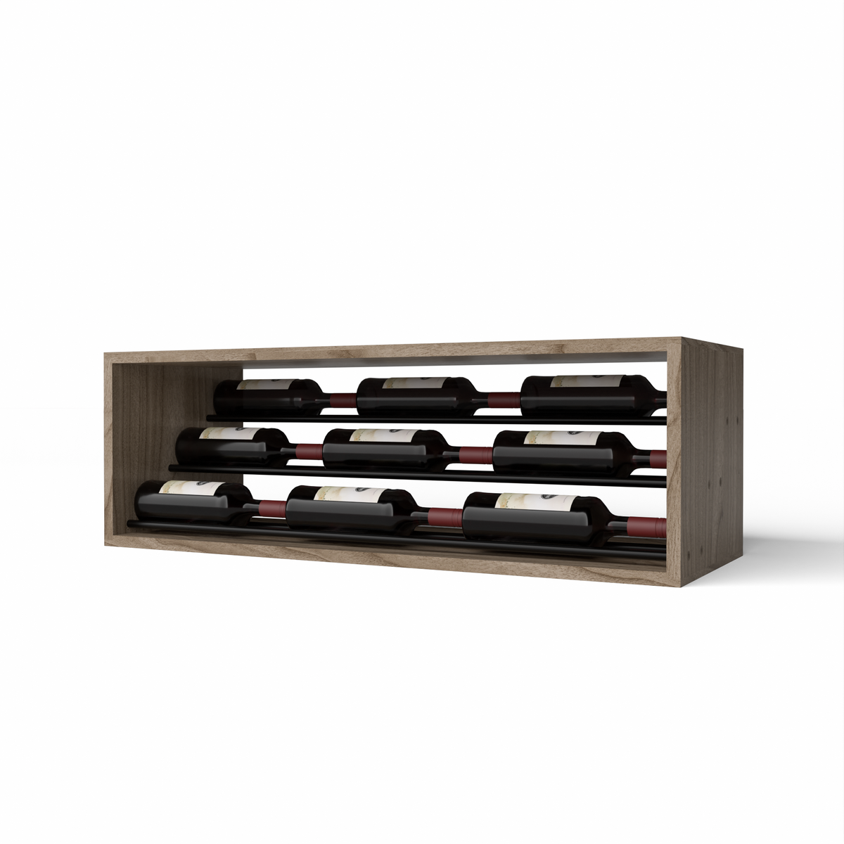 GrandCellar™ 8 Column Waterfall Label-Forward Wine Display – 12" – Black Metal Rods – Walnut / Unstained