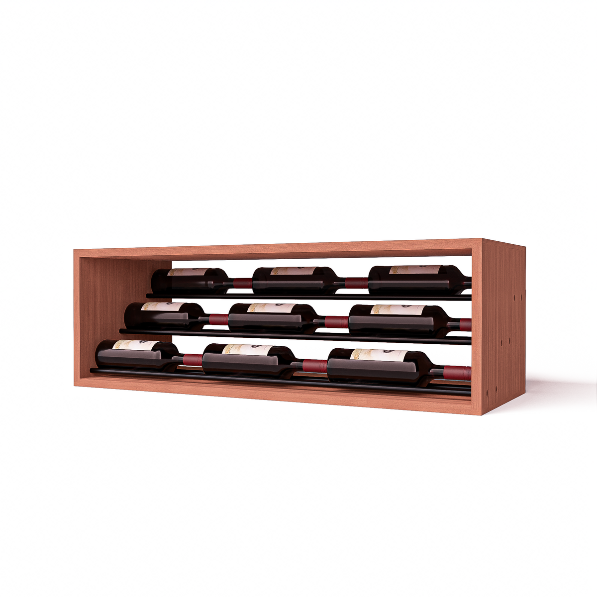 GrandCellar™ 8 Column Waterfall Label-Forward Wine Display – 12" – Black Metal Rods – Sapele Mahogany / Unstained