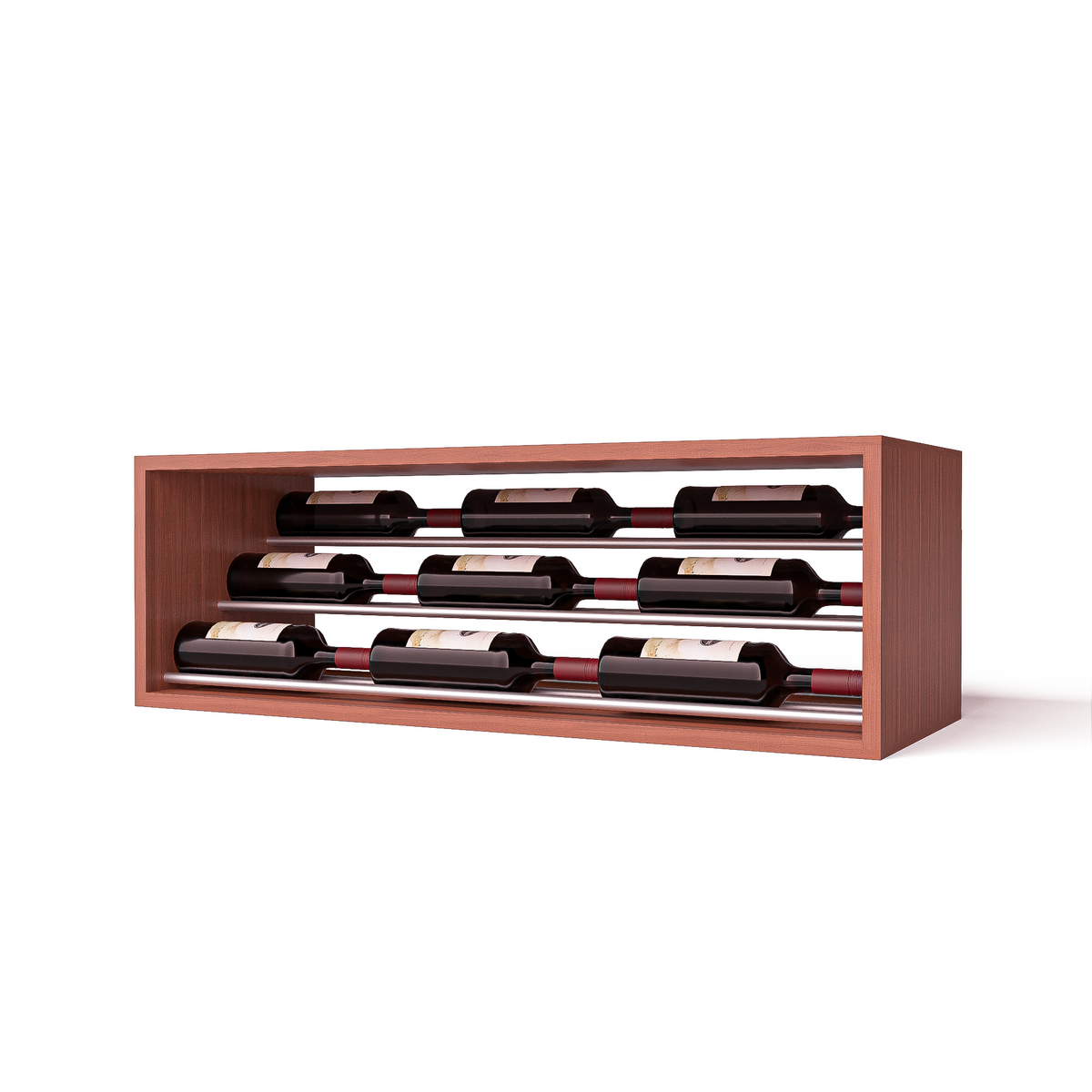 GrandCellar™ 8 Column Waterfall Label-Forward Wine Display – 12" Silver Metal Rods – Sapele Mahogany / Unstained