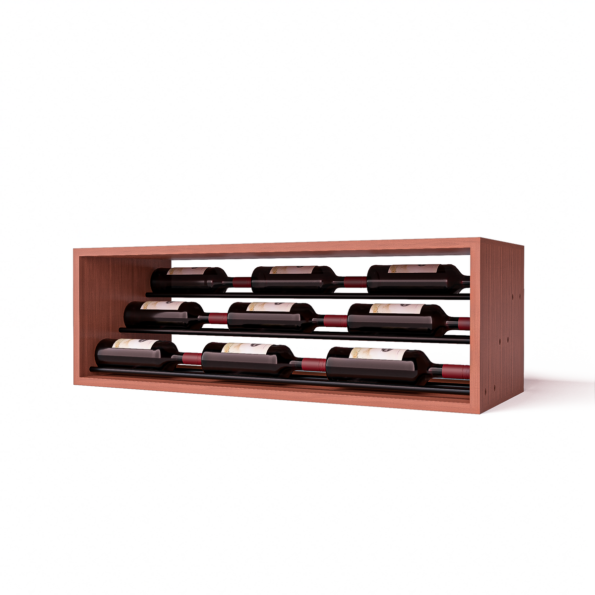 GrandCellar™ 8 Column Waterfall Label-Forward Wine Display – 12" – Black Metal Rods – Sapele Mahogany / Unstained
