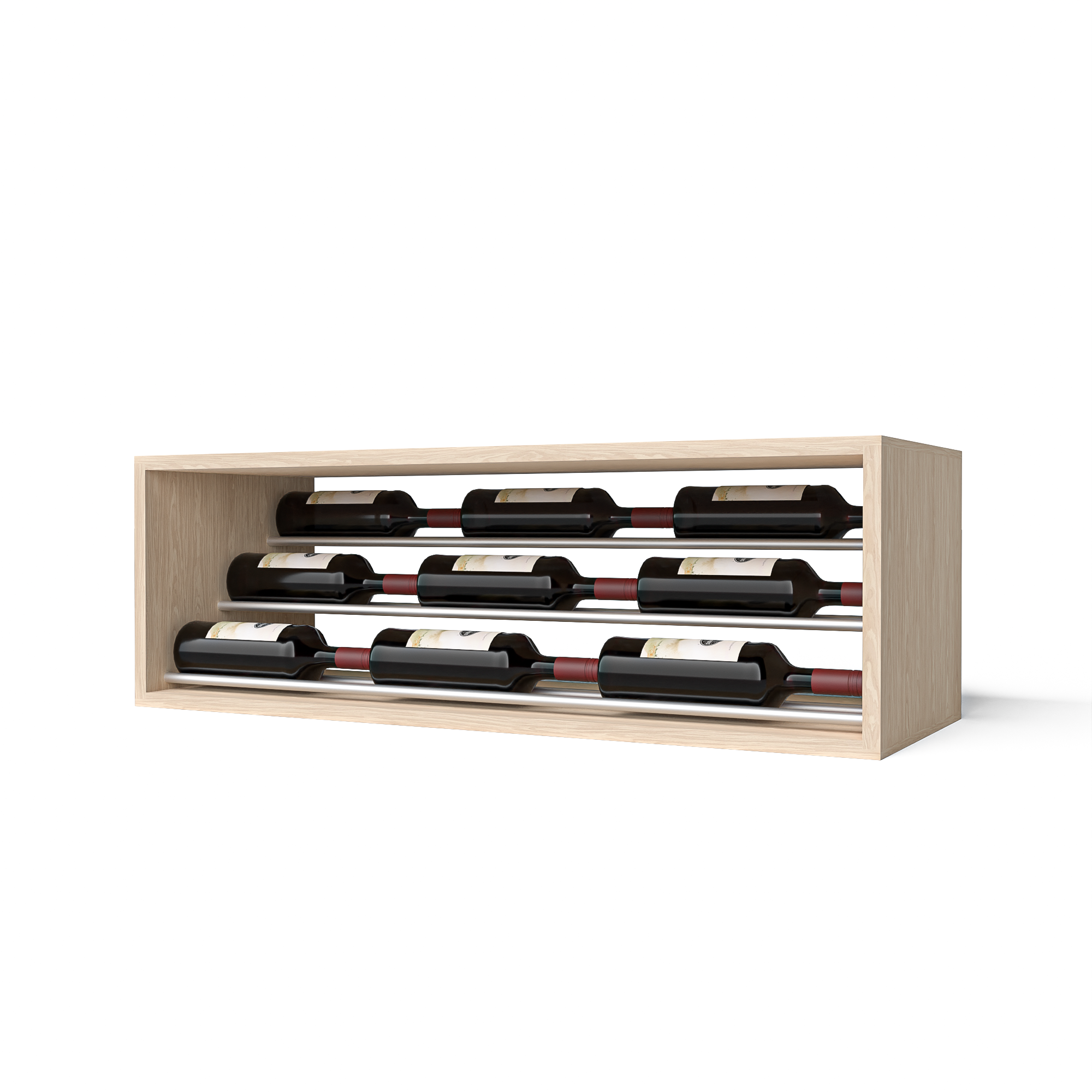 GrandCellar™ 8 Column Waterfall Label-Forward Wine Display – 12" Silver Metal Rods – White Oak / Unstained