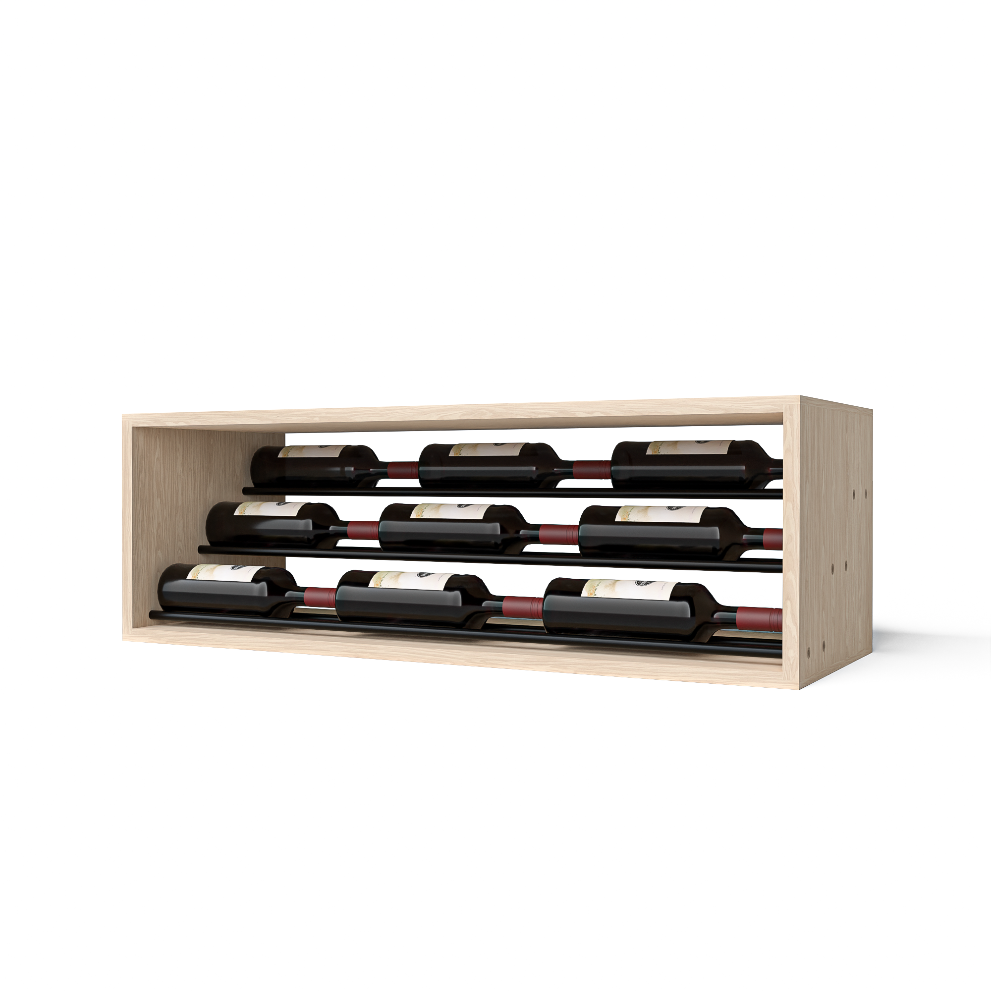 GrandCellar™ 8 Column Waterfall Label-Forward Wine Display – 12" – Black Metal Rods – White Oak / Unstained