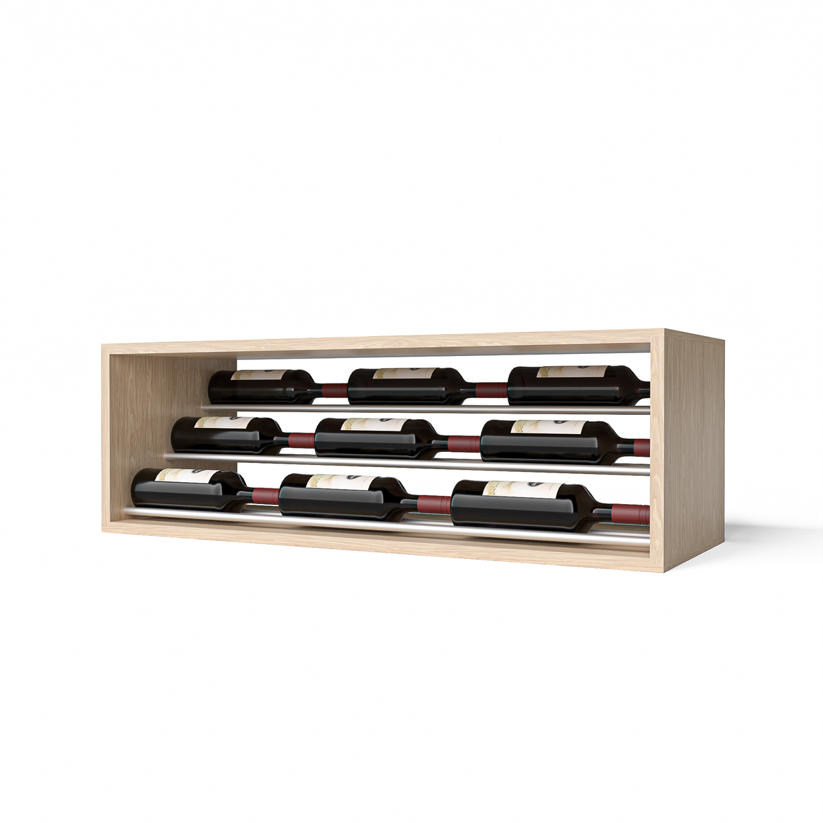 GrandCellar™ 8 Column Waterfall Label-Forward Wine Display – 12" Silver Metal Rods – White Oak / Unstained